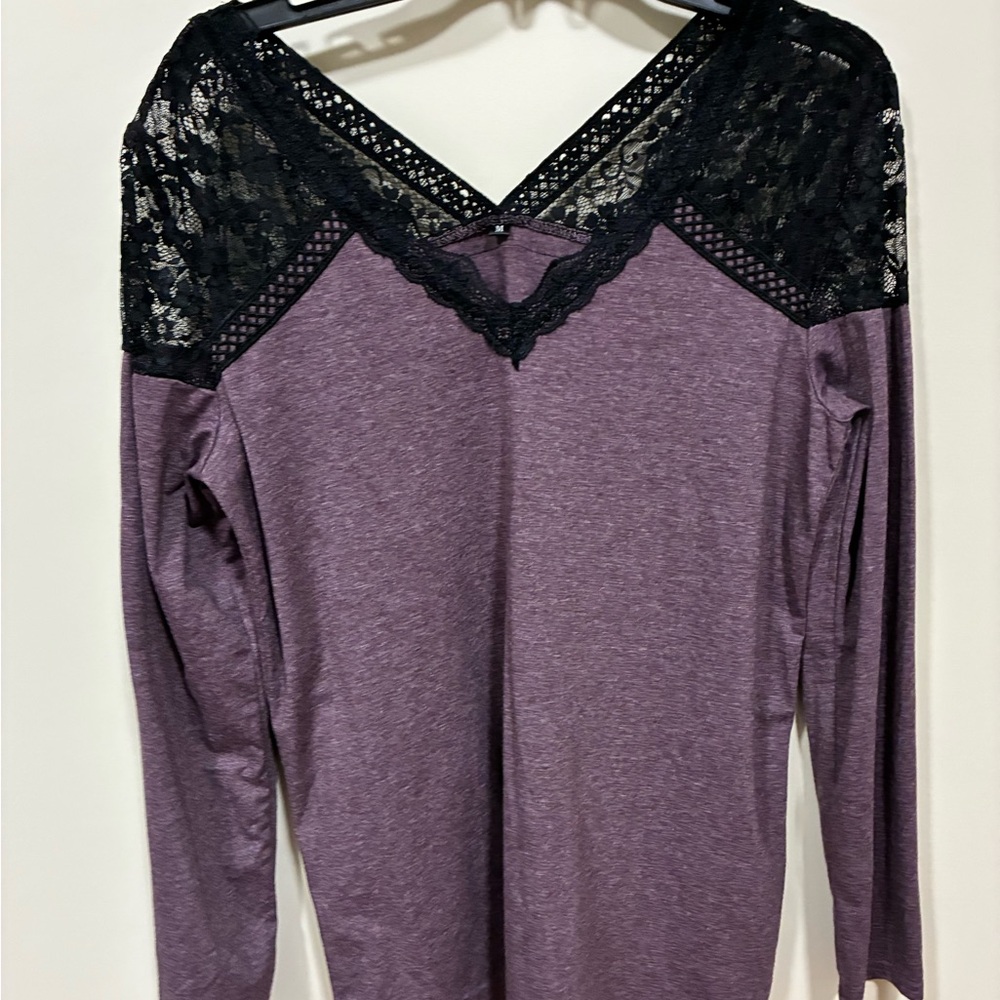 Purple Long Sleeve Top with Black Lace Detail medium